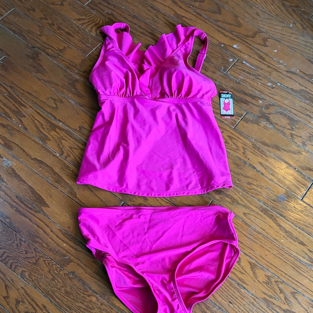 DKNY Hot Pink Ruffle Tankini Two-Piece Swim Set